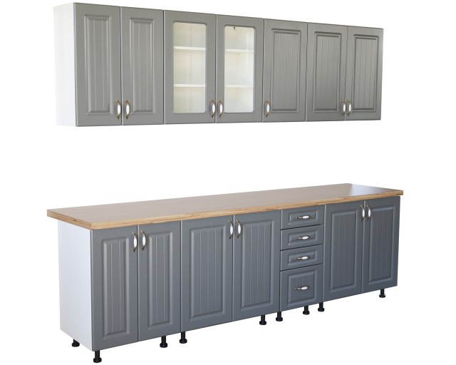Bucatarie Zebra 260 cm din MDF Gri cu blat gros termoizolant culoare Artar